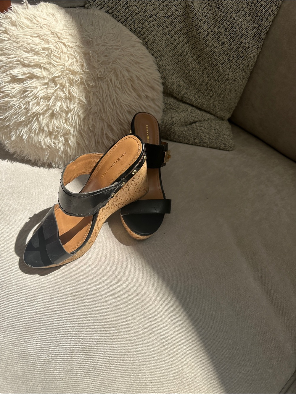 Tommy Hilfiger Black Leather Cork Wedge Sandals with Gold Buckle